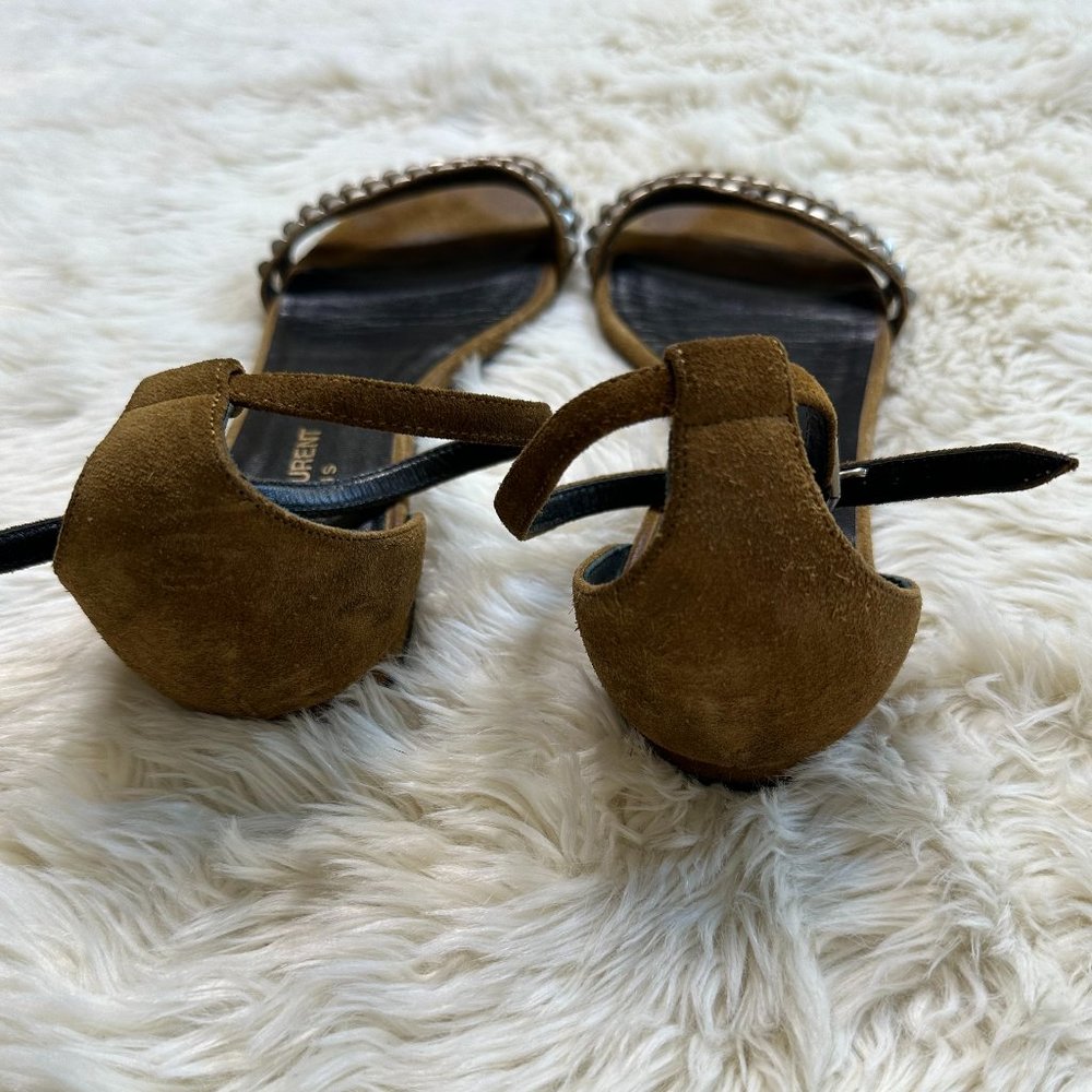 Saint Laurent Tan Studded Suede Ankle-Strap Flat Sandal Women's 38.5 - Picture 6 of 8